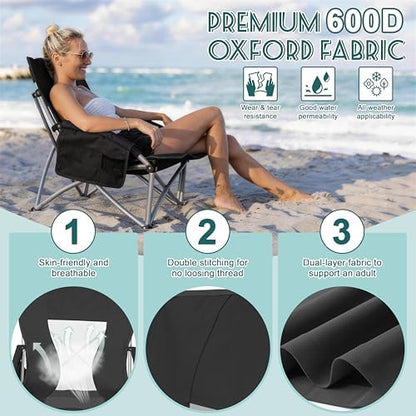 HaSteeL Low Beach Chairs for Adults, Lightweight Camping Folding Chair with Carrying Bag, Portable for Outdoors Lawn Backyard Patio RV Trip Fishing Sport Tailgating, Support 300LBS, Black, 2 Pack