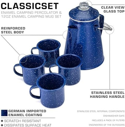 COLETTI Classic Enamel Set Coffee Percolator & Mugs — The Most Nostalgic Camping Coffee Pot, Now Modernized [Blue Enamel, 12 Cup Percolator Coffee Pot & Set of 4 Mugs]