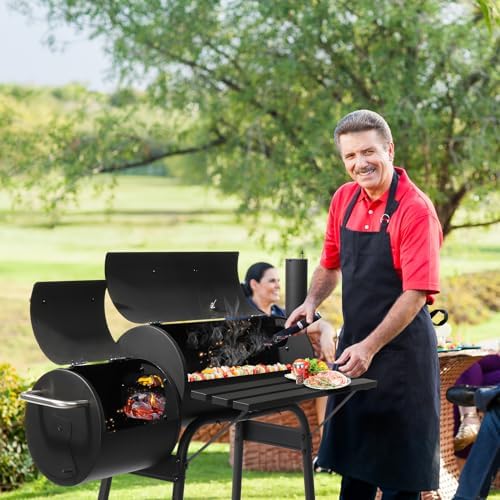 43.7" Portable Barrel Charcoal Grill,Metal Outdoor Barbecue Smoker,Heavy Duty Outdoor BBQ Grill,Vertical Camping Barbecue Grill,with Side Table & Wheels,for Garden Patio Beach Backyard (Black)