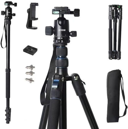 71" Camera Lightweight Foldable Aluminum Tripod & Monopod with 360° Ball Head Payload 33lbs, Adjustable Height Professional Travel Tripod for DSLR Camera Shooting Smartphone