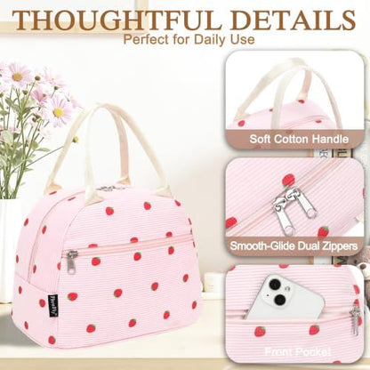 FlowFly Insulated Lunch Bag for Women – Corduroy Lunch Tote Box, Cute Cooler Bag for Work, Travel, Picnic,Corduroy Strawberries Pink