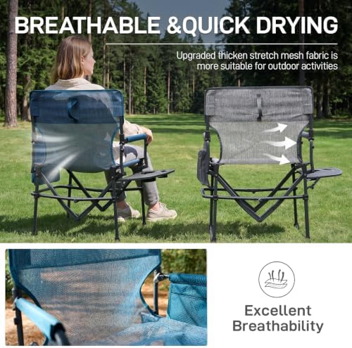 EVER ADVANCED Camping Directors' Chair with Side Table, Portable Folding with Compact Size, Breathable & Quick Dry Design Heavy Duty Lawn Chair with Pocket, 400lbs, Elastic Mesh, Blue
