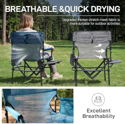 EVER ADVANCED Camping Directors' Chair with Side Table, Portable Folding with Compact Size, Breathable & Quick Dry Design Heavy Duty Lawn Chair with Pocket, 400lbs, Elastic Mesh, Blue