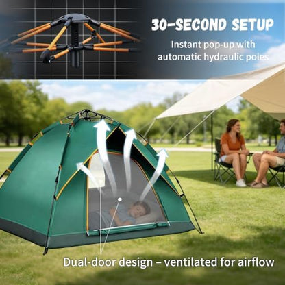 Quick Set Up Waterproof 4-Person Camping Tent with Bug Netting - Instant Pop-Up Tent for Family Camping & Hiking | All-Weather 4-Season Outdoor Shelter