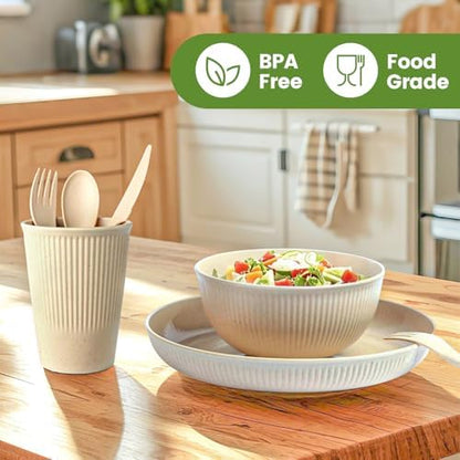36-Piece Reusable Wheat Straw Dinnerware Sets for 6, Farielyn-X Unbreakable Reusable Set Kitchen Cups, Plates, Bowls Sets & Cultery Dishwasher Microwave Safe - Patio, Outdoors, RV, Camping Dishes