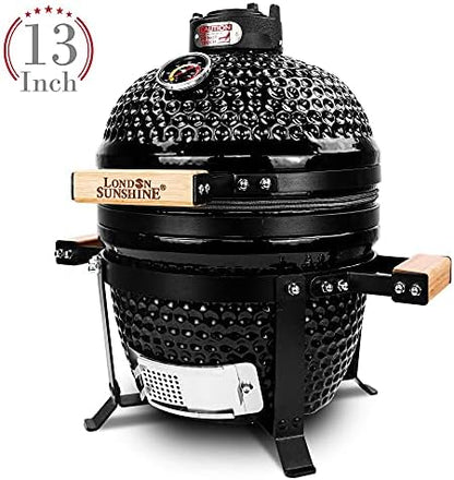 London Sunshine Ceramic BBQ Charcoal Kamado Grill 13 inch Portable Tabletop BBQ Grill with Stainless Steel Grates Black, Black