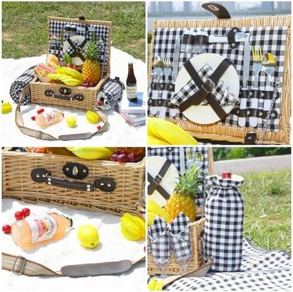 Picnic Basket for 2 with Blanket and Wine Pouch for Couples