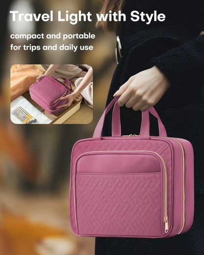 HOTOR Travel Toiletry Bag for Women & Men, Waterproof Makeup Bag with Hanging Hook and Multiple Pockets, Cosmetic Bags for Women, Travel Essentials, 11.2'' x 3.2'' x 8.9'', Rosewood-Pink