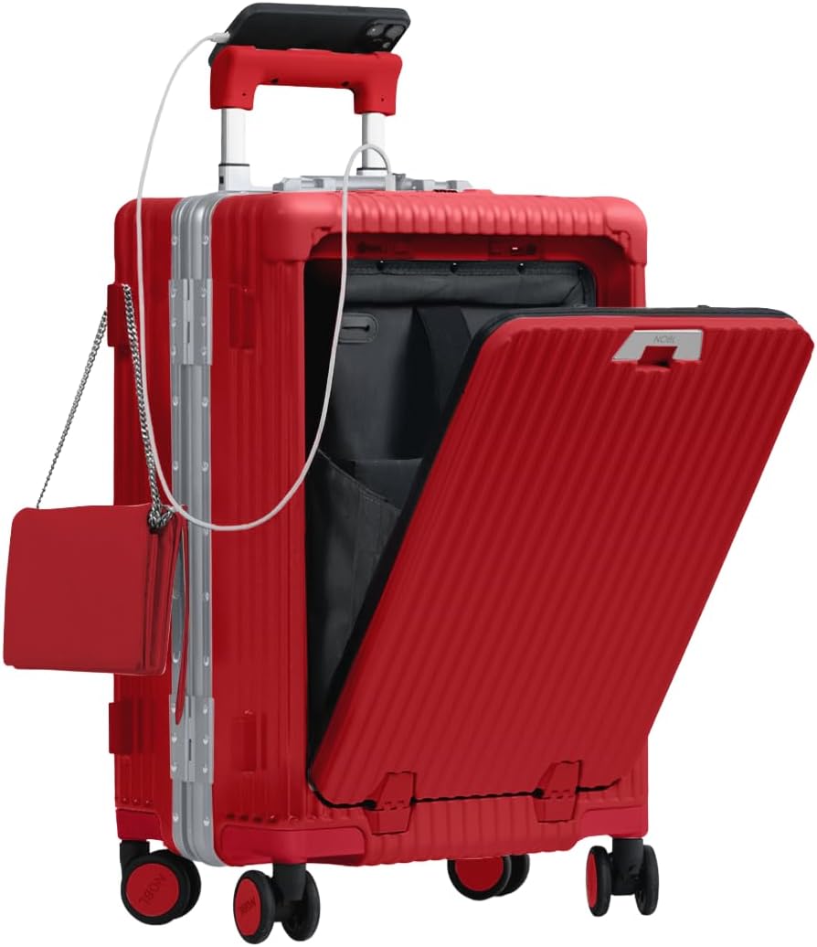 Nobl Travel Carry On Luggage, Noble Zipperless Aluminum Frame PC Hard Shell Suitcase, 20.8"x15"x8.7" Airline Approved, 360° Spinner Wheels, TSA Locks, USB Charging Port, Cup & Phone Holder - Red