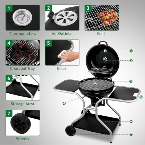 50.8" Portable Round Kettle Charcoal Grill,Metal Outdoor Barbecue Smoker,Heavy Duty Outdoor BBQ Grill,Vertical Camping Barbecue Grill,with Side Tables,for Garden Patio Beach Backyard (Black)