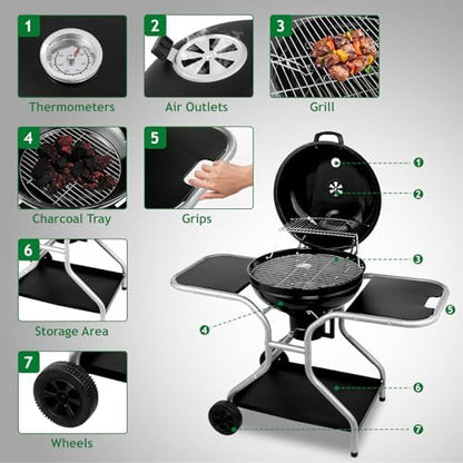 50.8" Portable Round Kettle Charcoal Grill,Metal Outdoor Barbecue Smoker,Heavy Duty Outdoor BBQ Grill,Vertical Camping Barbecue Grill,with Side Tables,for Garden Patio Beach Backyard (Black)