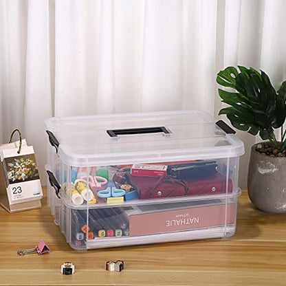 JUXYES 2-Tiers Plastic Stack Carry Storage Containers Box wih Handle Lids