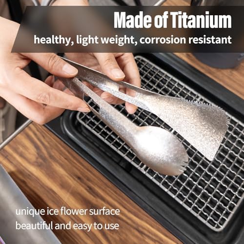 TiTo Titanium 4 in 1 Camping Cookware - Titanium BBQ Tongs, Spork, Knife and Spatula, Portable Lightweight Multi Tableware for Kitchen, Hiking, Backpacking, Outdoor Cooking, Travel, Picnics (Titanium)
