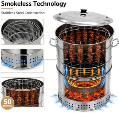 Portable Stainless Steel Charcoal Grill, Smokeless Barrel BBQ Grill with 50 Skewers, Large Capacity 360° Outdoor Cooking for Camping, Picnic, and Backyard Barbecue
