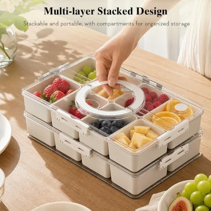 2 Pack Snack Box Container with 16 PP Compartments, Food Storage Tray with Lid & Handle, Dishwasher Safe, Organizer for Picnic, Travel, Party