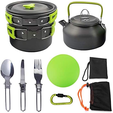 Peidesi Camping Cookware Mess Kit, Portable Camp Stove Pots and Pans Set, Carabiner, Folding Knife, Fork Spoon Kit, Carry Mesh Bag,Teapot for Backpacking, Outdoor Camping, Hiking and Picnic（16Pcs）