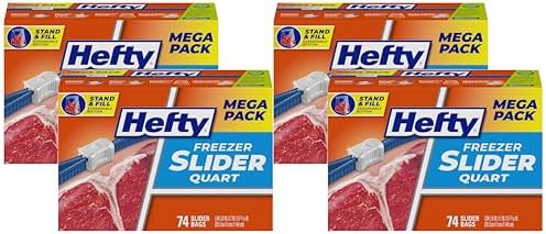 Hefty Slider Freezer Kitchen Storage Bags, Quart Size, 74 Count (Pack of 4)
