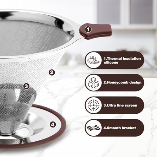 Pour Over Coffee Dripper, Roogaluckeep Stainless Steel Reusable Filter