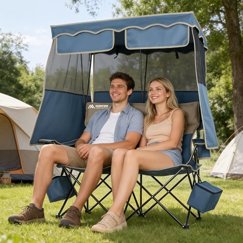Padded Double Camping Chair With Canopy,Folding Chair Support 450LBS, Blue