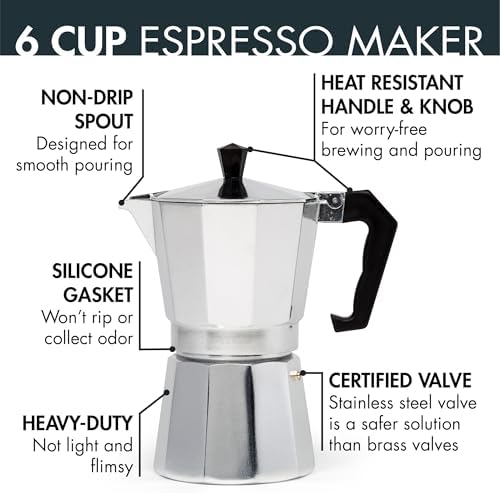Primula Classic Stovetop Espresso and Coffee Maker, Moka Pot for Italian and Cuban Café Brewing, Greca Coffee Maker, Cafeteras, 6 Espresso Cups, Silver