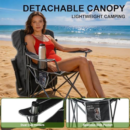 Romswi Large Folding Canopy Camping Chairs for Adult 2 Pack, Portable Outdoor Chairs with Sunshade,Cup Holder & Side Pocket for Camping, Fishing, Beach, Backyard, Black