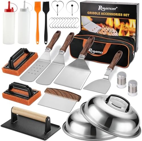 ROMANTICIST 29PCS Griddle Accessories Set - Flat Top Teppanyaki Spatula Set with Scraper, Basting Cover for Camp Chef- Home Cooking Griddle and Outdoor BBQ Gifts for Father's Day