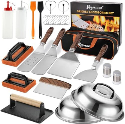ROMANTICIST 29PCS Griddle Accessories Set - Flat Top Teppanyaki Spatula Set with Scraper, Basting Cover for Camp Chef- Home Cooking Griddle and Outdoor BBQ Gifts for Father's Day