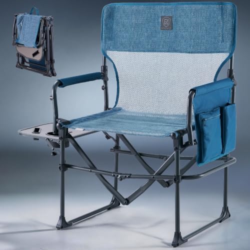 EVER ADVANCED Camping Directors' Chair with Side Table, Portable Folding with Compact Size, Breathable & Quick Dry Design Heavy Duty Lawn Chair with Pocket, 400lbs, Elastic Mesh, Blue