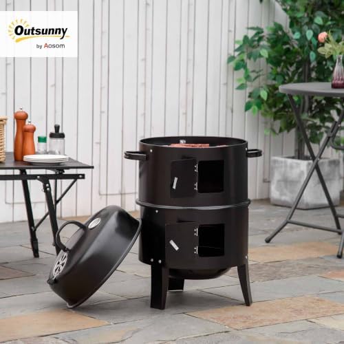Outsunny Vertical Charcoal BBQ Smoker 3-in-1 16" Round, Black