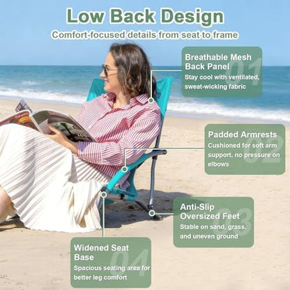 Romswi Low Beach Chairs for Adults 2 Pack, Lightweight Folding Sand Chairs with Breathable Mesh Back & Cup Holder, Portable Compact Camping Chairs, 300lbs Capacity,Green