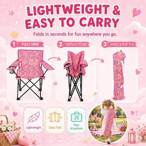 Emily Rose Sea Playful Hearts Kids Folding Camp Chair – Ages 2-7 with Safety Lock