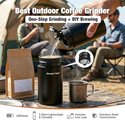 2-in-1 Portable Electric Burr Coffee Grinder - Grind & Brew, 38 Adjustable Settings, Ceramic Alloy Burrs, Rechargeable, with Cups, Filter & Lid for Home, Travel & Camping
