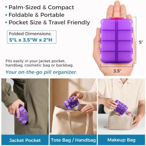 Foldable Portable 7 Day Pill Organizer 2 Times a Day, AM PM Weekly Pill Box