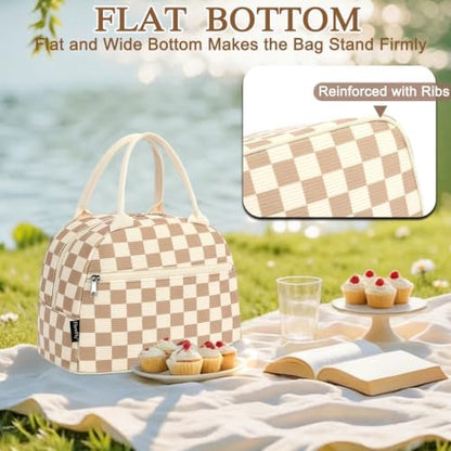 FlowFly Lunch Bag for Women Insulated Lunch Box Corduroy Lunch Tote Cooler for Travel Work Picnic,Corduroy Plaid Khaki