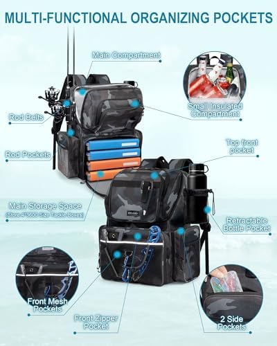 HXLGMD Fishing Backpack with Rod Holders,43L Large Water Resistant Tackle Bag Storage Gear and Equipment with Cooler for Men Fishing, Camping, Hiking, Khaki