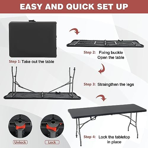 FDW | 6FT Folding Table | Black | Portable Plastic Table