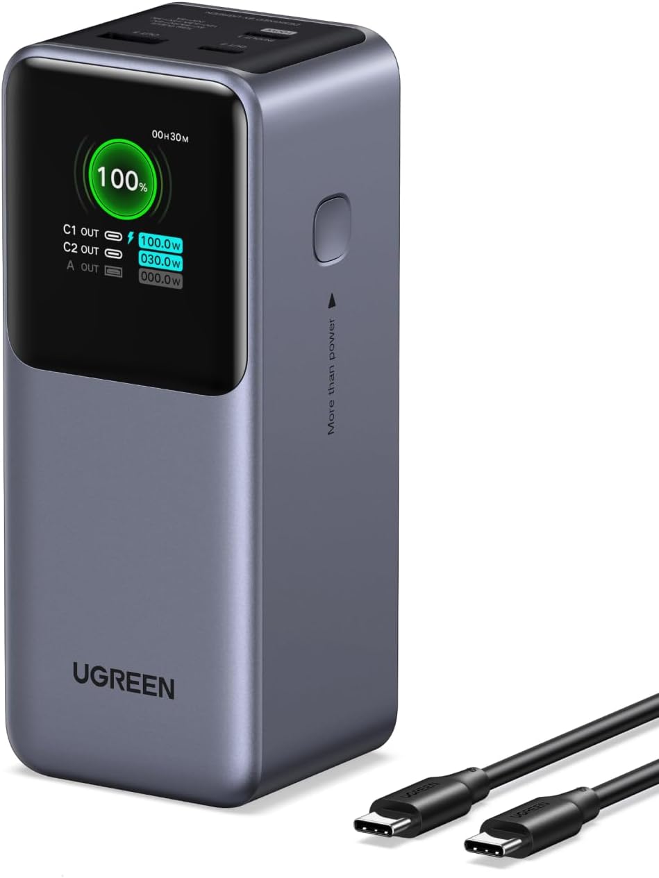 UGREEN Nexode Power Bank 20000mAh 130W Portable Charger 72Wh PD Fast Charging 3-Port USB C Battery Pack with TFT Smart Display for MacBook/iPad/iPhone 16/Samsung S24 and More