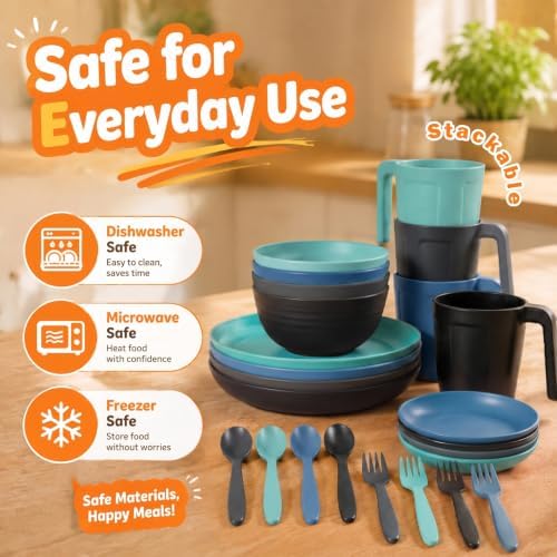 Wrova Plates and Bowls Sets for 4, 24-Piece Wheat Straw Dinnerware Sets