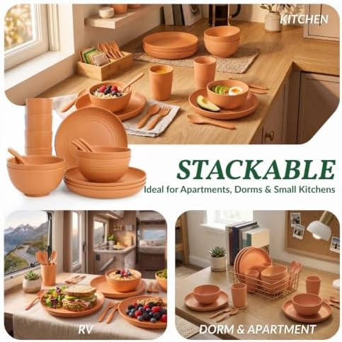 Wheat Straw Dinnerware Sets, Homienly 20pcs Unbreakable Microwave Dishwasher Safe Tableware Lightweight Bowls, Cups, Plates Set Reusable Dinner Plates Bowls set (Orange)