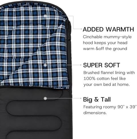 100% Cotton Flannel XXL 3-4 Season Sleeping Bags for Adults