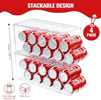 SCAVATA 4 Pack Stackable Refrigerator Organizer, Soda Can Dispenser Pop Cans Container Beverage Holder with Lid for Fridge, Freezer, Kitchen, Clear Plastic Storage Bins-Holds 10 Cans Each