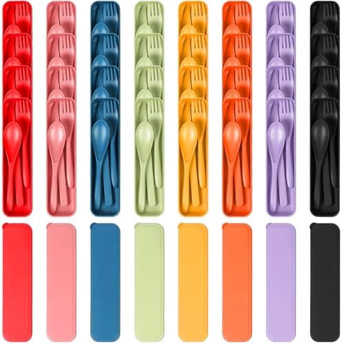 YDYTOP Reusable Travel Utensils Set with Case, 32 Sets Wheat Straw Knife Fork Spoon Cutlery, Multicolor Plastic Silverware for Kids and Adults, School Lunch, Party, Picnic and Camping
