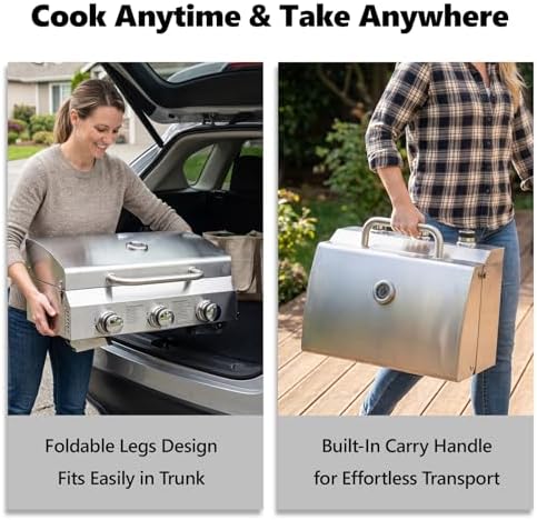 Bonnlo 3 Burner Portable Gas Grill, 30,000 BTU Tabletop Camping Grill with Ignition & Lockable Lid, Stainless Steel Propane Grill with Foldable Legs & Thermometer for Outdoor Patio BBQ RV Use