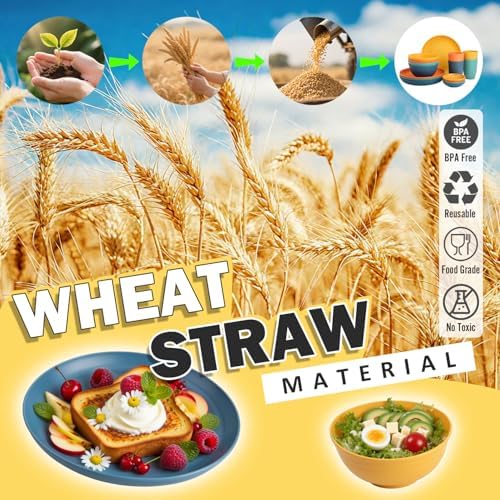 Wheat Straw Dinnerware Sets, Unbreakable Plates and Bowls Sets of 16, Kids Dinnerware Set Sevice for 4, Dishwasher & Microwave Safe Dish Set for Kitchen, Outdoor, Camping - Multi
