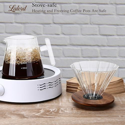 Lalord Pour Over Coffee Maker, 20 oz Borosilicate Glass Set with 100 pcs Paper Filter, Walnut Collar & Glass Lid, Drip Coffee Maker, 1-3 Cups, Clear, 600 ml, Petal Shape