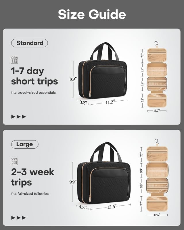 HOTOR Travel Toiletry Bag for Women & Men, Waterproof Makeup Bag with Hanging Hook and Multiple Pockets, Cosmetic Bags for Women, Travel Essentials, 11.2'' x 3.2'' x 8.9'', Black