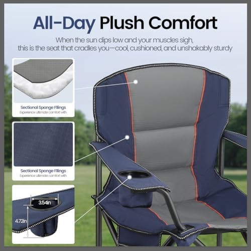 WEIDIORME 2 Pack Heavy Duty Oversized Camping Chair for Adults 400lbs w/Lumbar Support - Folding Chairs with Side Pocket, Cup Holder & Cooler Bag for Beach, Fishing, Lawn, Backyard Navy Blue