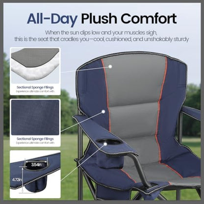WEIDIORME 2 Pack Heavy Duty Oversized Camping Chair for Adults 400lbs w/Lumbar Support - Folding Chairs with Side Pocket, Cup Holder & Cooler Bag for Beach, Fishing, Lawn, Backyard Navy Blue