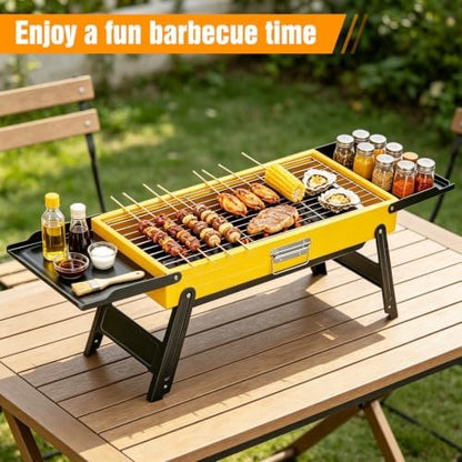 Portable Charcoal Grill, Small Stainless Steel Camping Tabletop BBQ Grill with Foldable Side Shelves, Compact Tabletop Barbecue with Carry Handle for Outdoor Picnic Backyard Beach Travel
