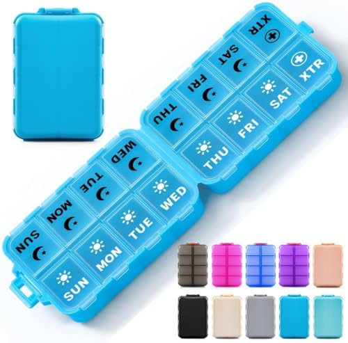 Foldable Portable 7 Day Pill Organizer 2 Times a Day, AM PM Weekly Pill Box